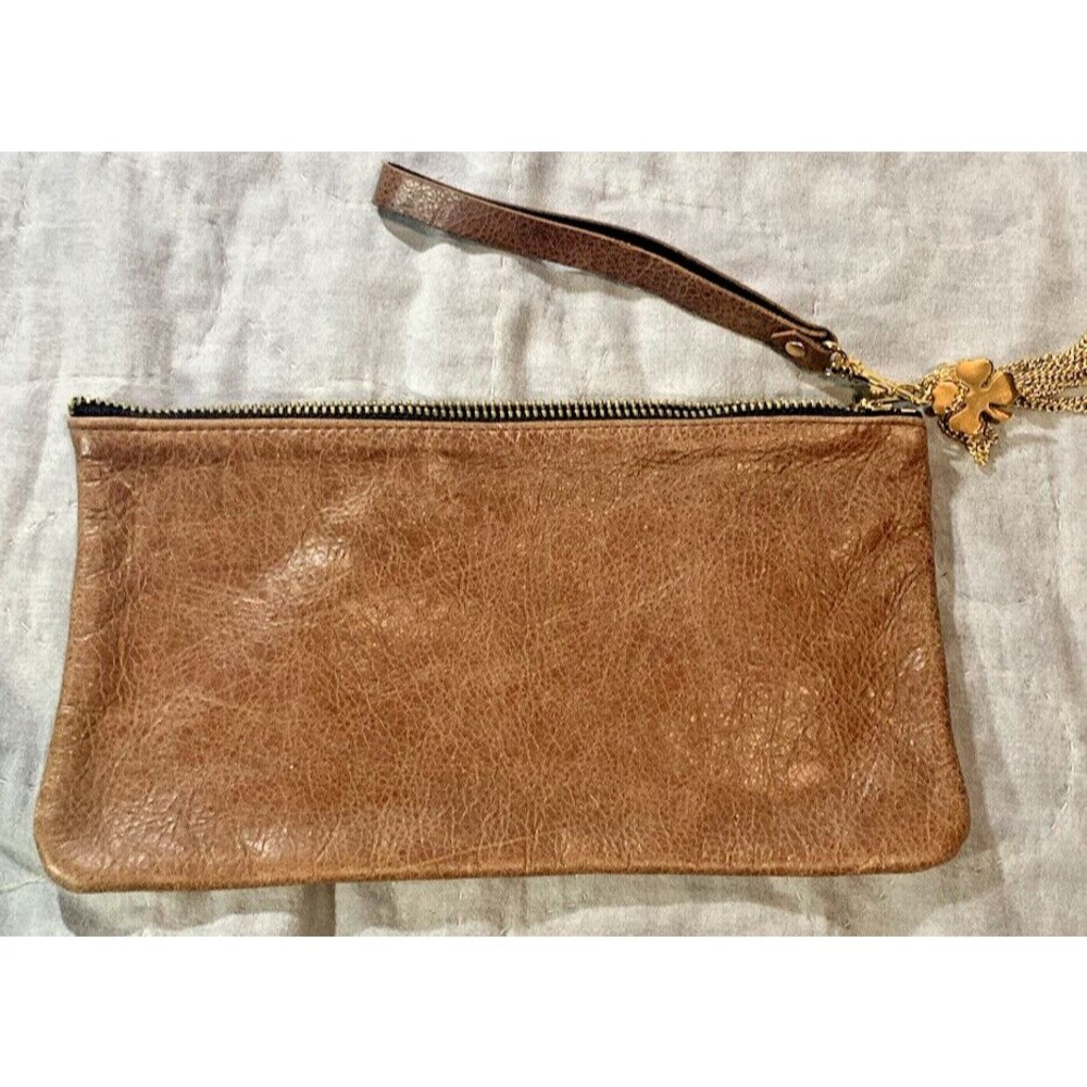 Moss Mills Anthro Brown Leather Clutch Wristlet Four Leaf Clover Charm Small